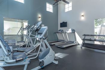 A gym with treadmills, elliptical machines, and a television.